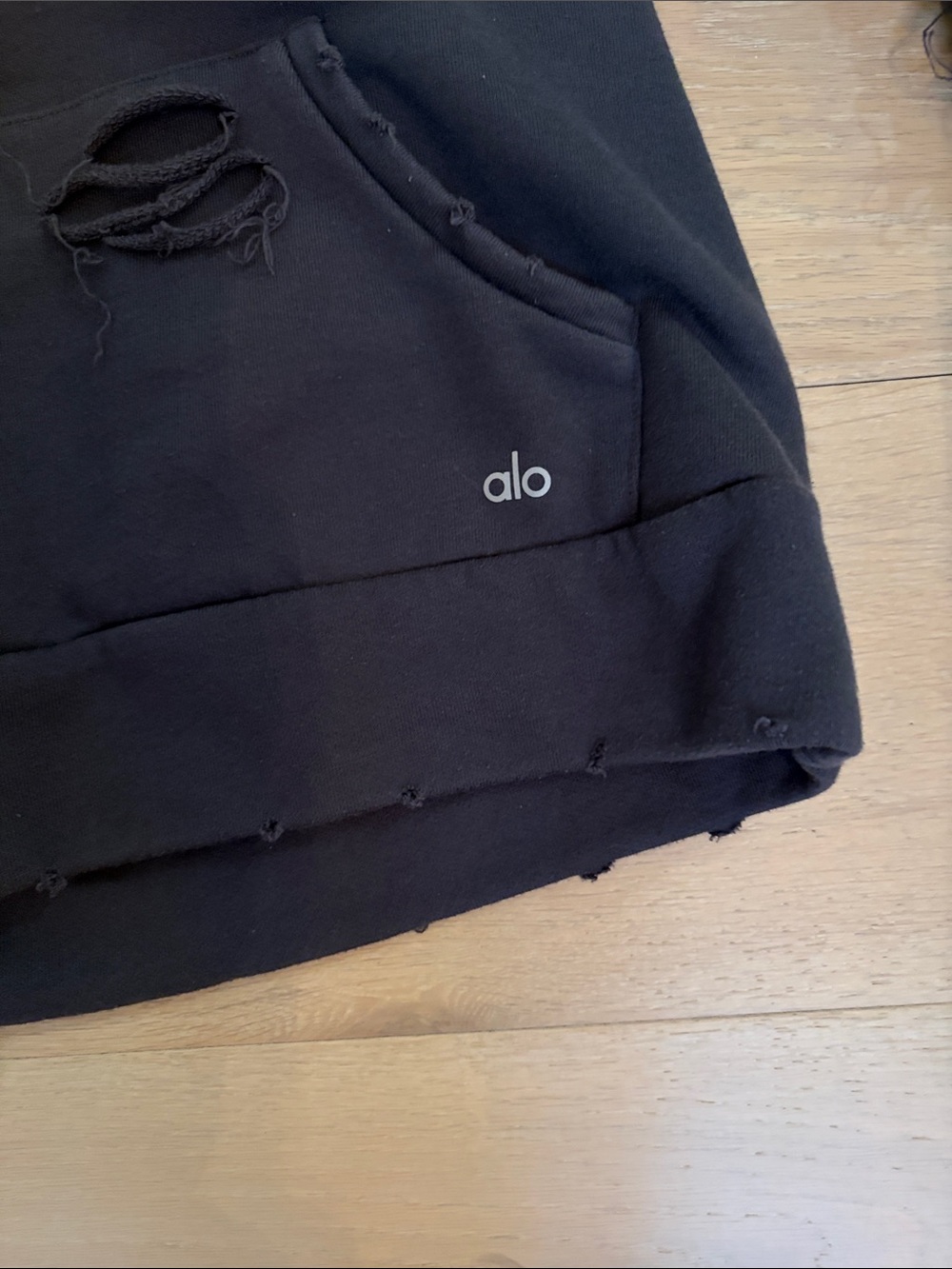 ALO Yoga Black Distressed Cowl Hoodie Sweater - Picture 2 of 7